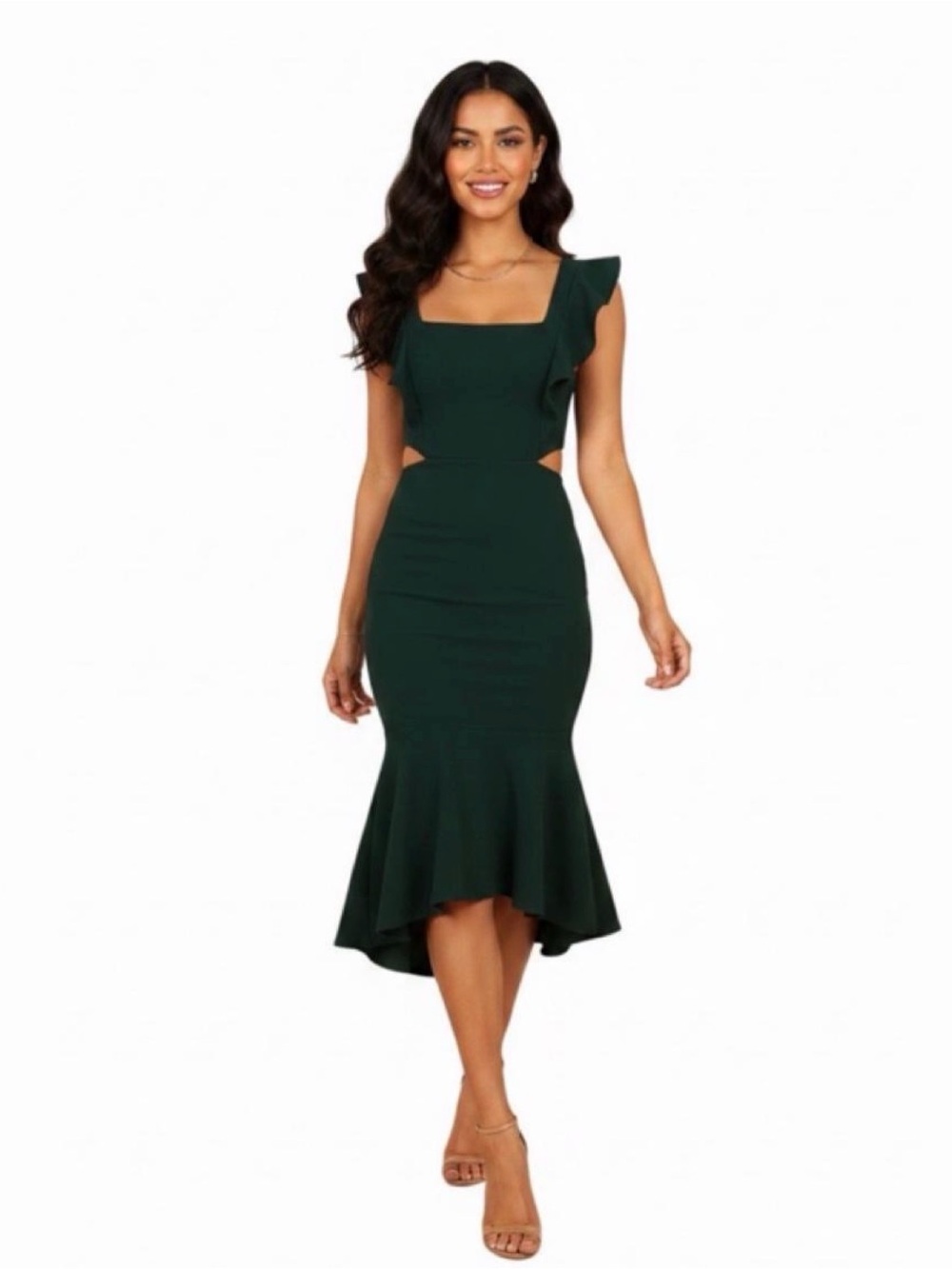 Petal & Pup Forest Green Ruffle-Trim High-Low Midi Dress